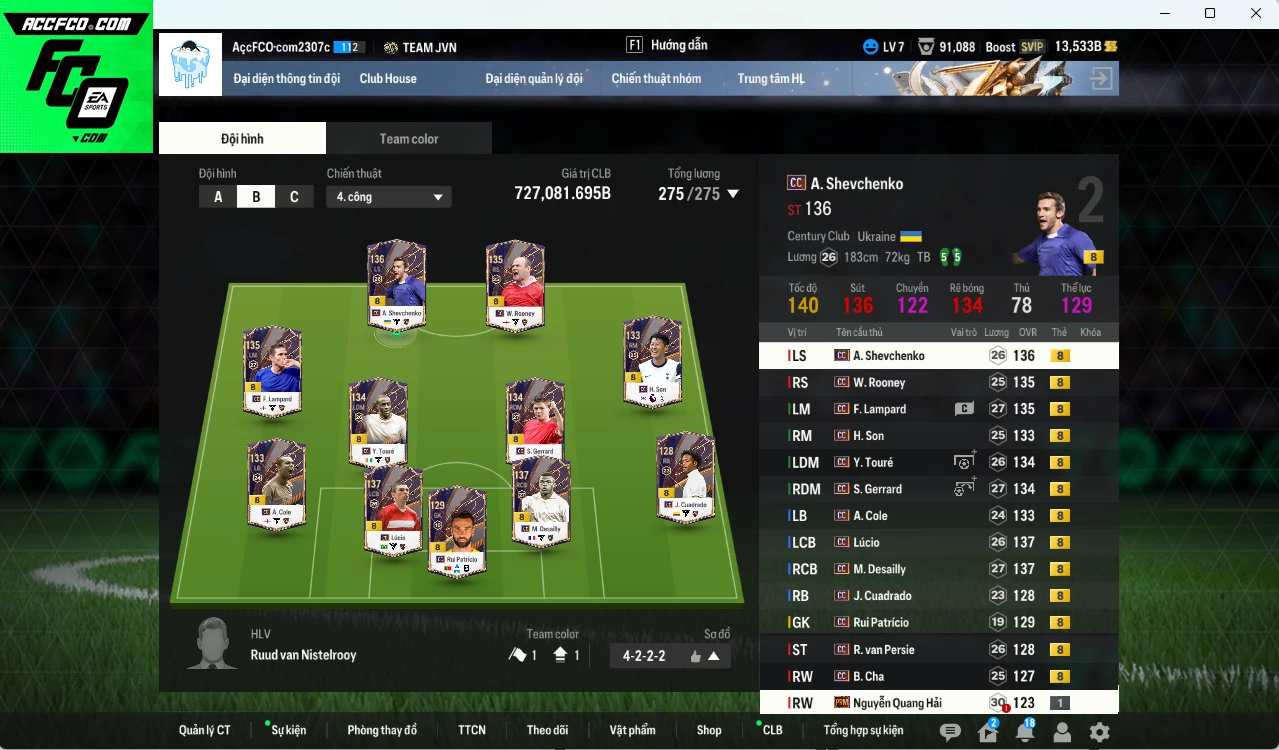 Full mùa CC+8 727.080b dư 13.500b có Lúcio, Sheva, Desailly, Lampard, Touré, Gerrard, Rooney, H. Son, Van Persie, B. Cha, A. Cole, Cuadrado CC+8